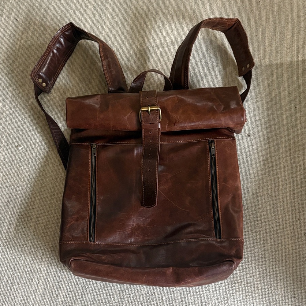 Brown Italian Leather Backpack, brass fittings.